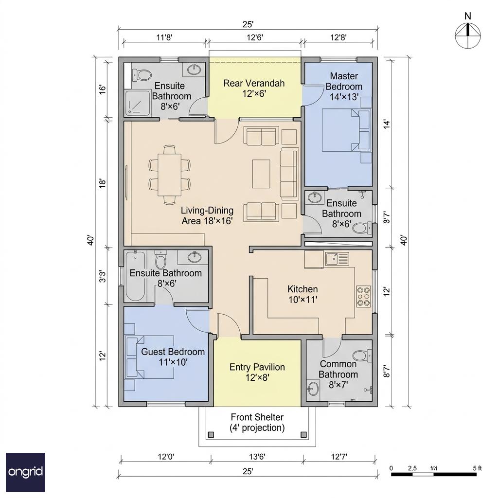 Functional floor plan of 25x40 west-facing single floor design with room dimensions