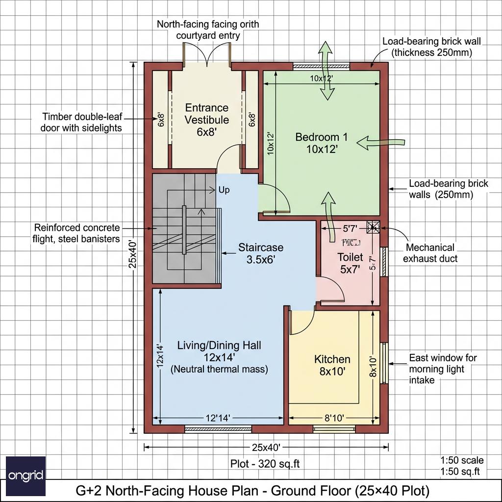 Ground floor plan of 25x40 north-facing home showing 320 sq ft layout with central staircase, living area, bedroom, and kitchen.