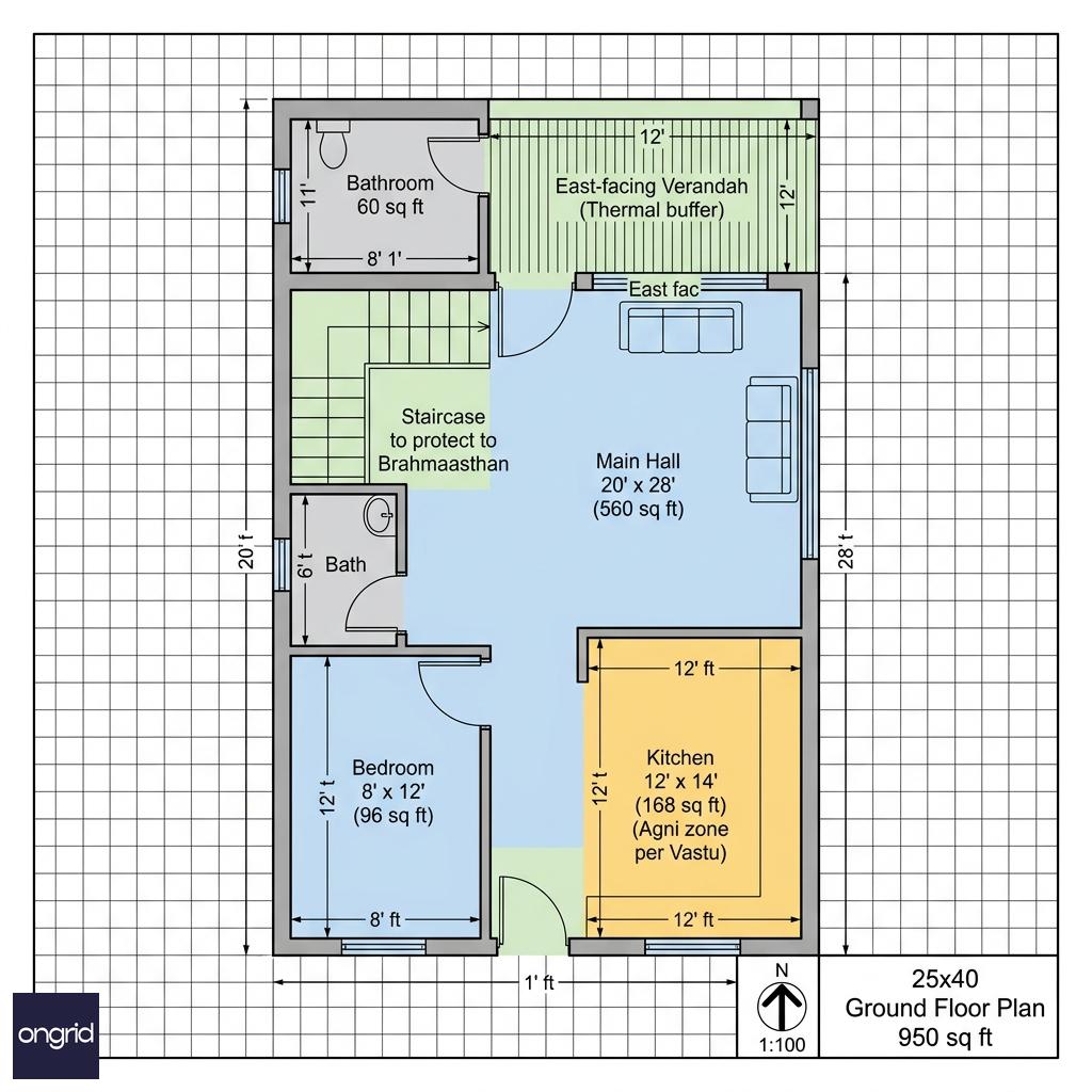 25x40 Ground Floor Plan with Room Dimensions