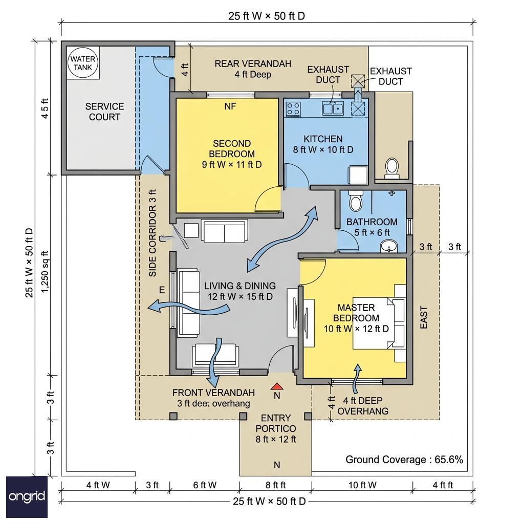 Technical floor plan of 25x50 ground floor showing room dimensions in feet, overhang depths, and cross-ventilation arrows