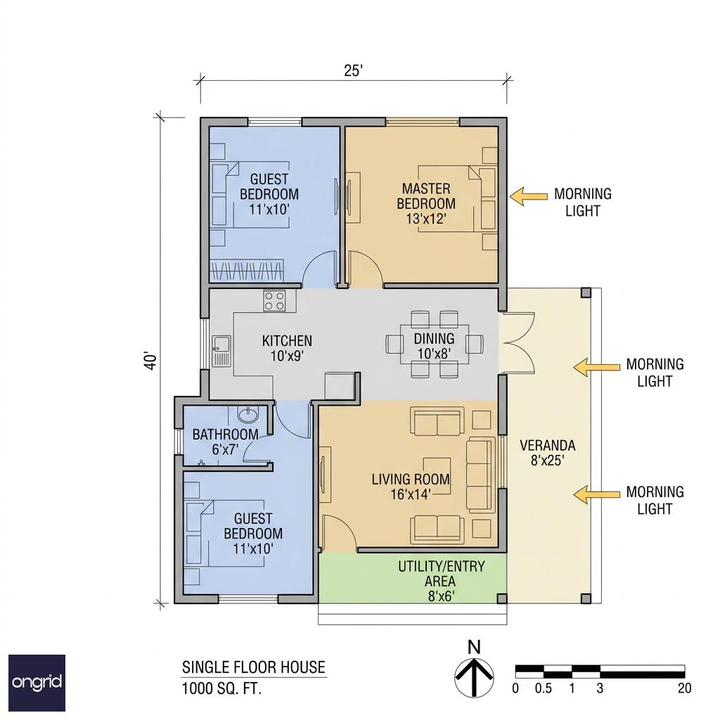 Floor plan technical drawing showing linear east-west layout of 25x40 single floor with room labels and dimensions