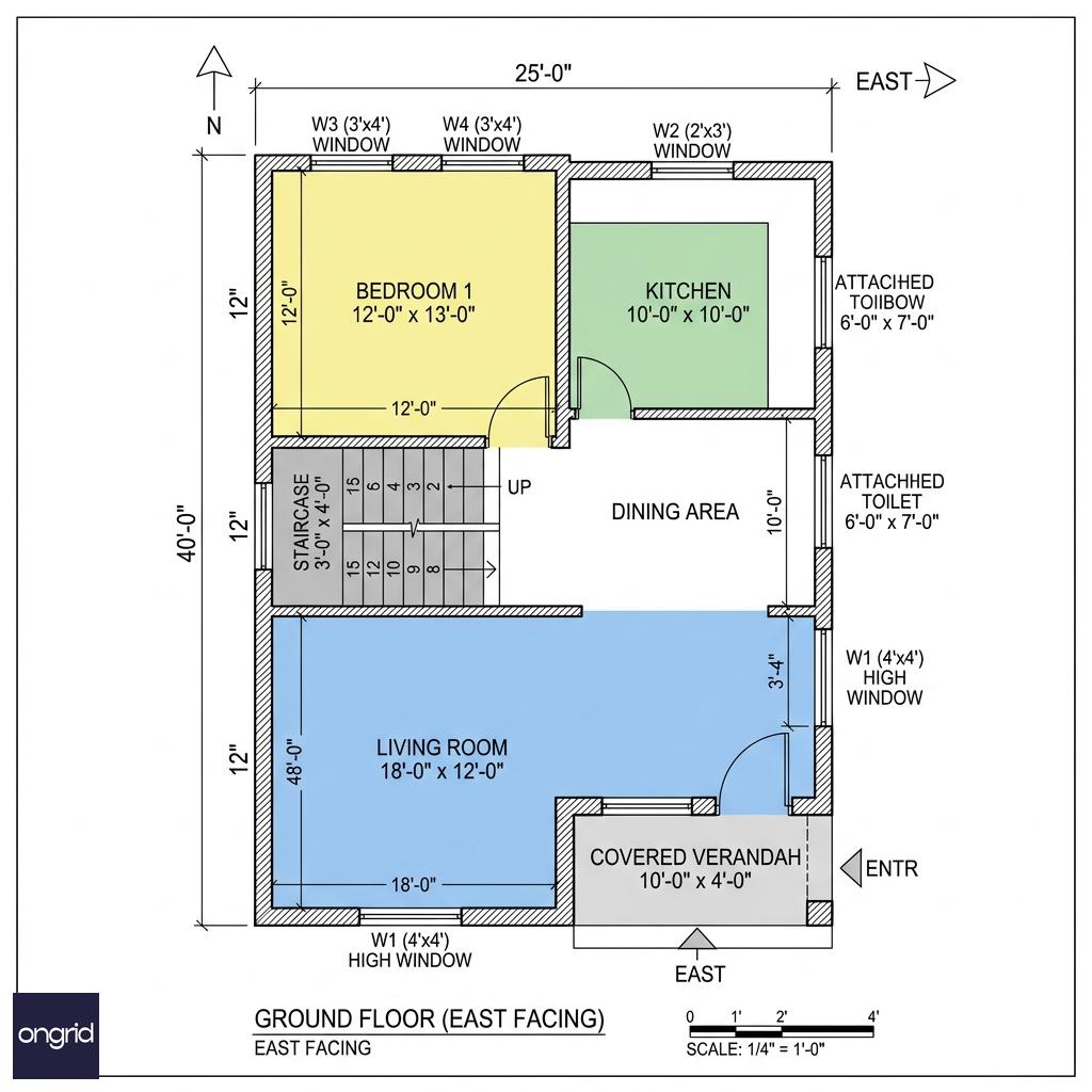Ground floor plan showing living, kitchen, storage, and staircase