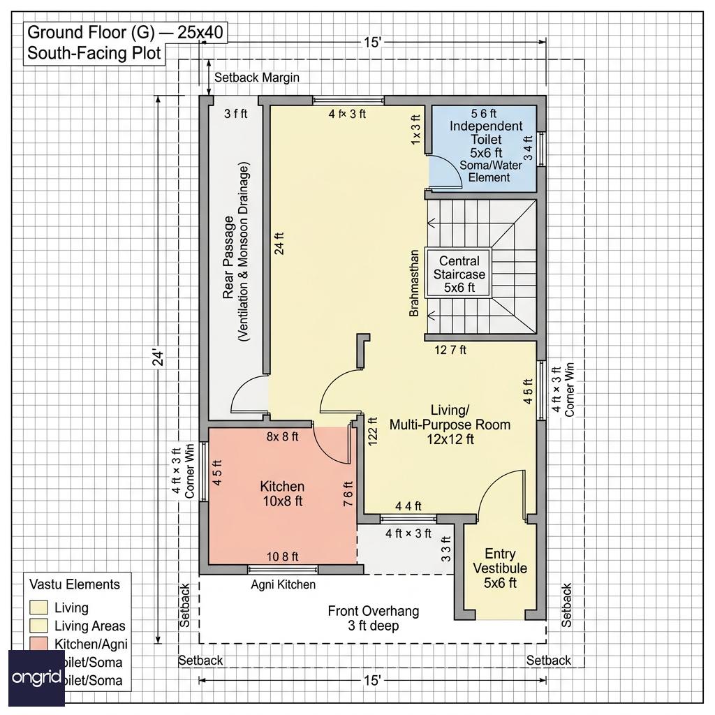 Floor plan G showing ground-floor layout with shaded overhang and independent toilet
