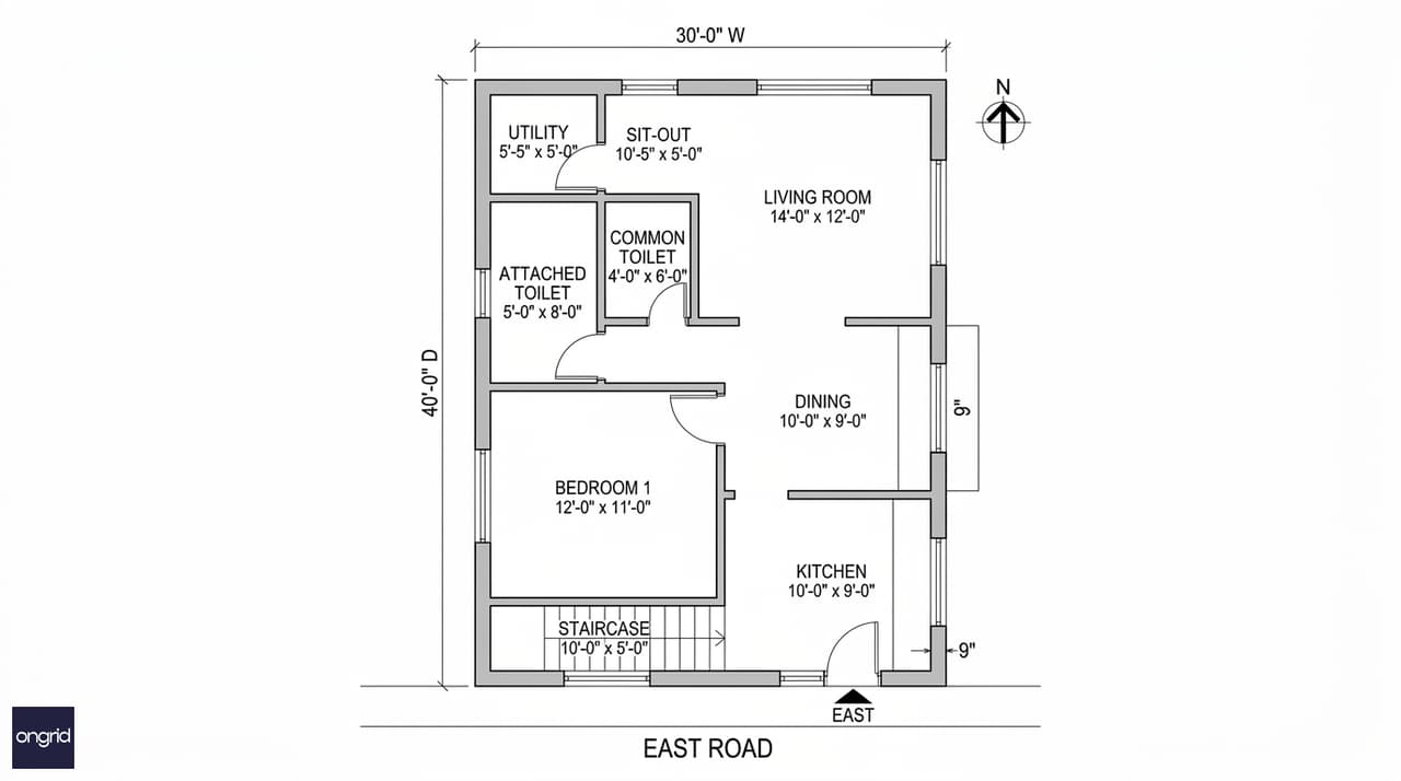 Ground floor plan for 30x40 east facing house — living room, kitchen SE, bedroom south, staircase south wall, sit-out east