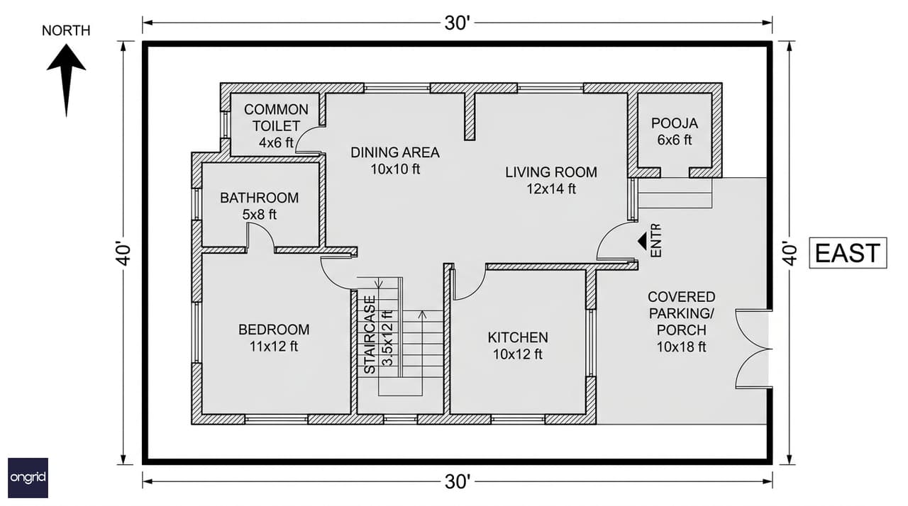 Ground floor plan of 30x40 east-facing G+2 house showing living room, kitchen SE, pooja NE, bedroom SW, and covered parking