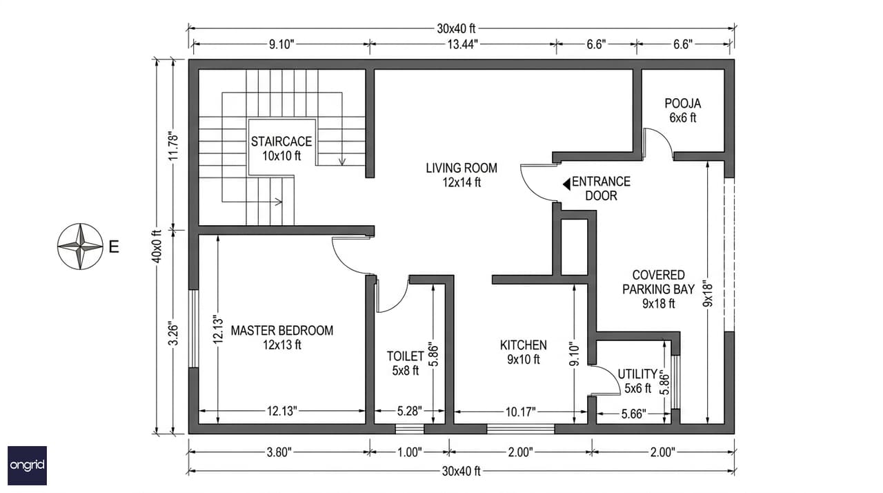 Ground floor plan of 30x40 east facing G+3 house showing owner 1BHK, covered parking, NE pooja, SE kitchen and NW staircase