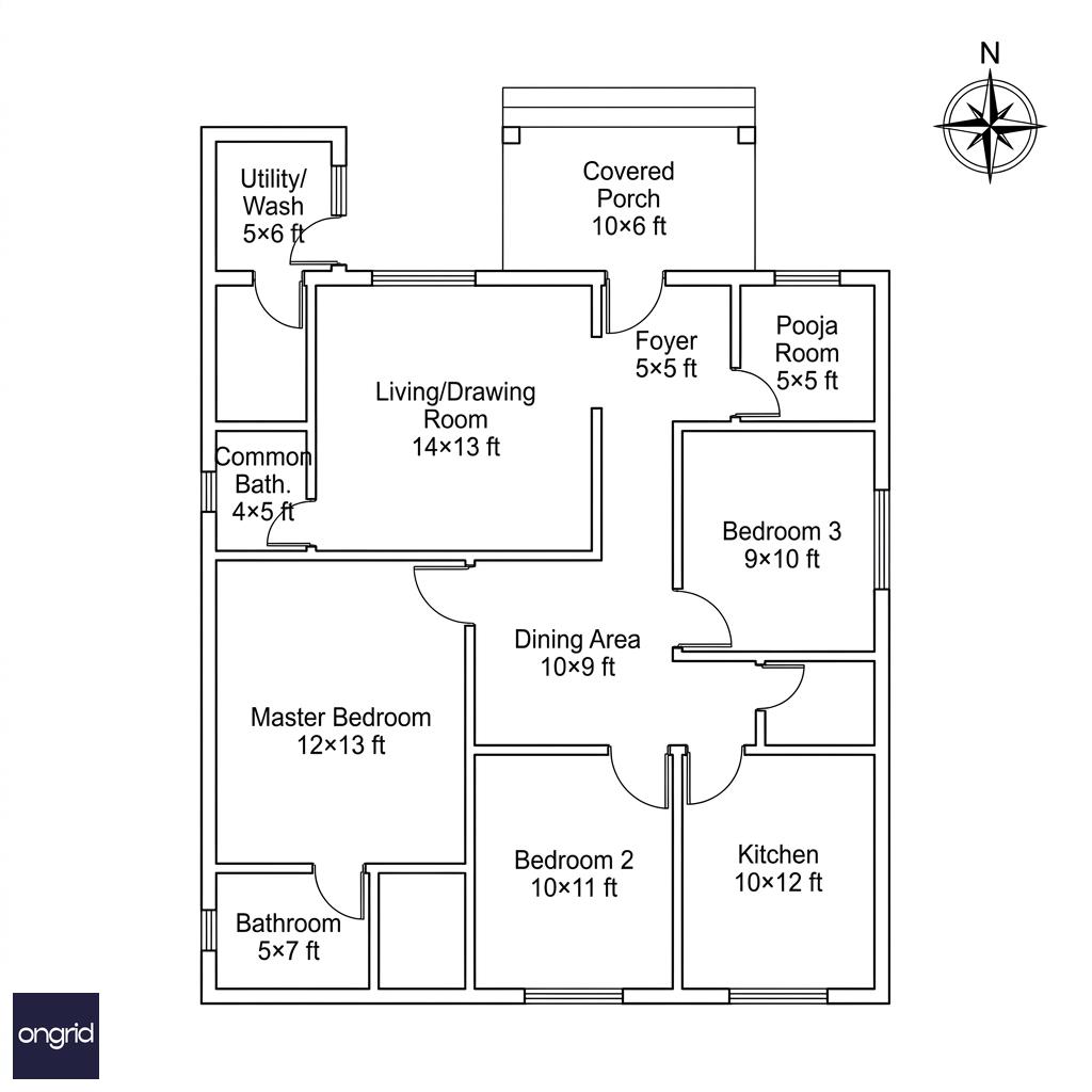 Ground floor layout plan of a 30x40 north-facing single-storey home showing three bedrooms, living room, kitchen, pooja room, utility and dining areas with room labels