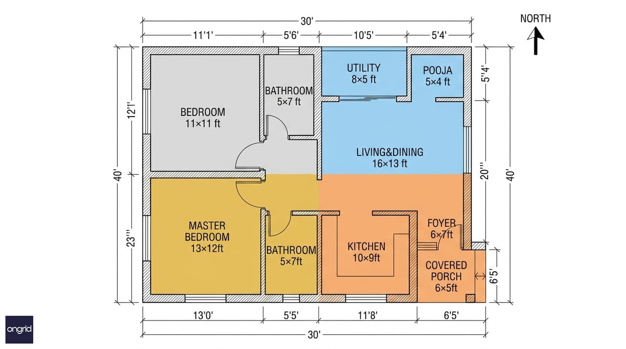 Annotated floor plan for 30x40 south-facing single-floor home showing room zones, real dimensions, and Vastu colour-coding