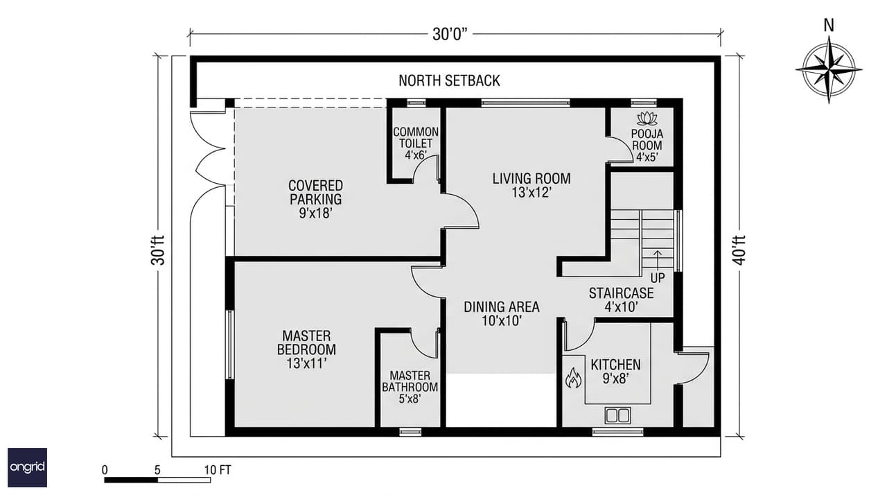 Ground floor plan of 30x40 north facing 4-floor house showing covered two-car parking on north side, living room and dining area in centre, kitchen in south-east, pooja room north-east, master bedroom south-west