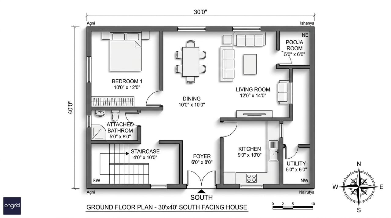 Ground floor plan of a 30x40 south facing house showing living room, dining, SE kitchen, bedroom, attached bath, pooja room NE and staircase SW