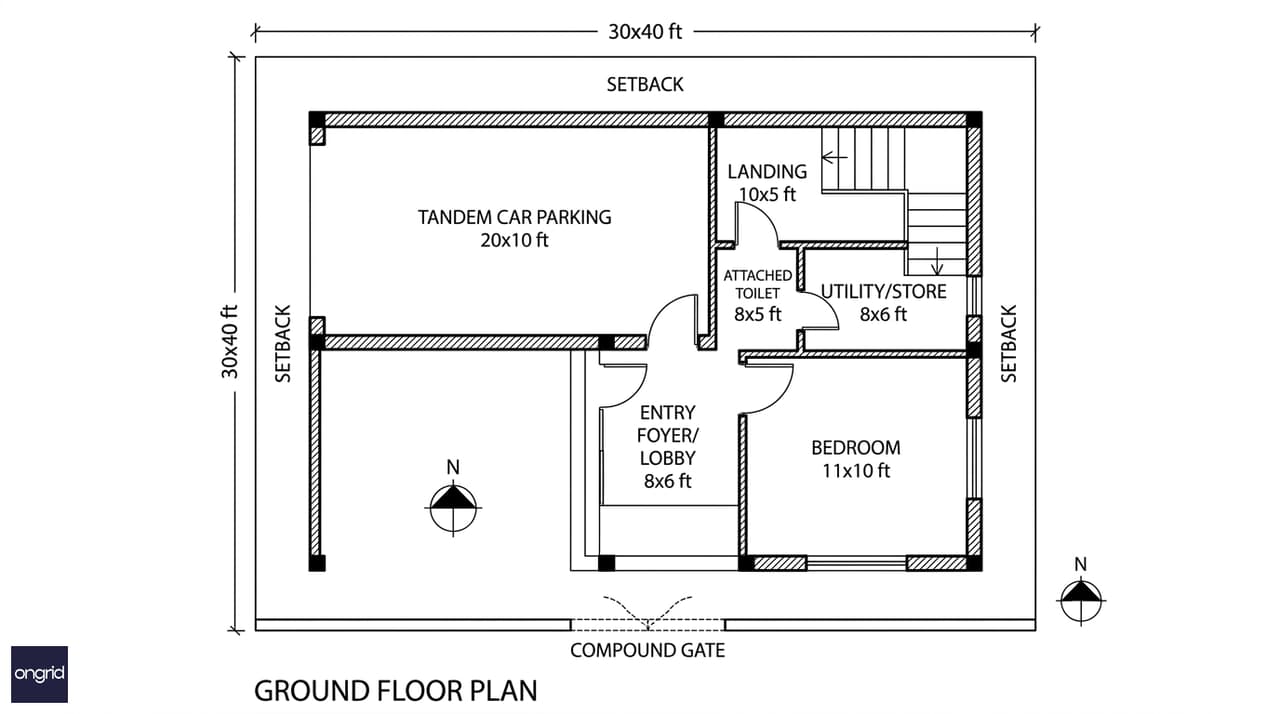 Ground floor plan — 30x40 south facing G+3