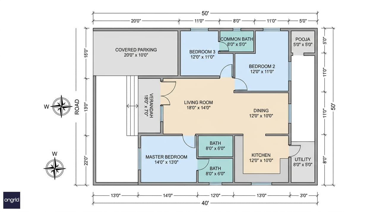 Annotated ground floor plan for 40x50 west-facing single-storey 3BHK home