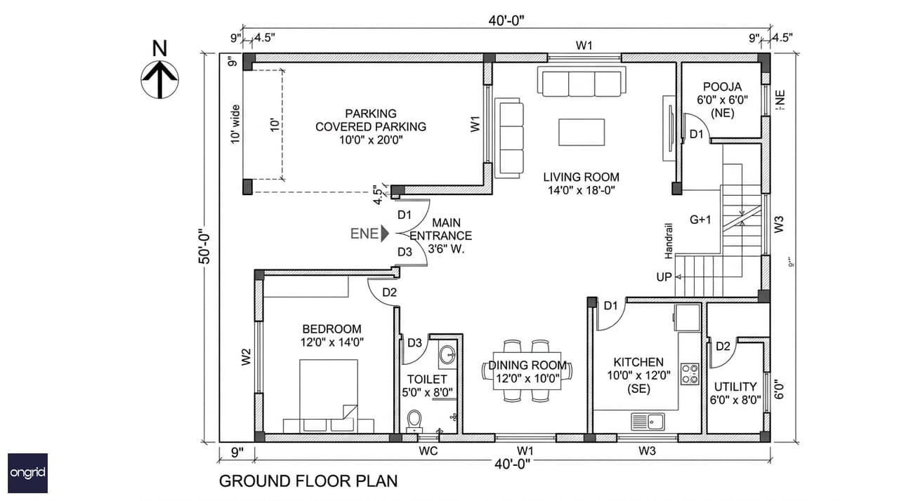 Ground floor plan — 40x50 east facing G+1 house