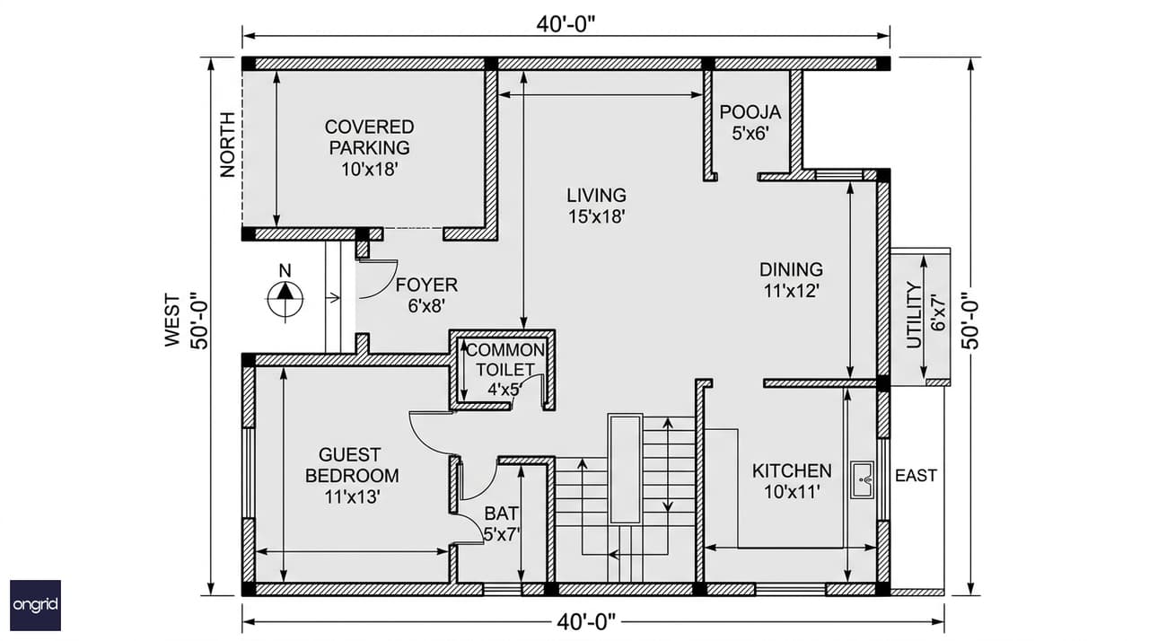 Detailed ground floor plan of 40x50 west facing G+1 house with room labels and dimensions: parking NW, kitchen SE, living room center-north, guest bedroom south, pooja NE