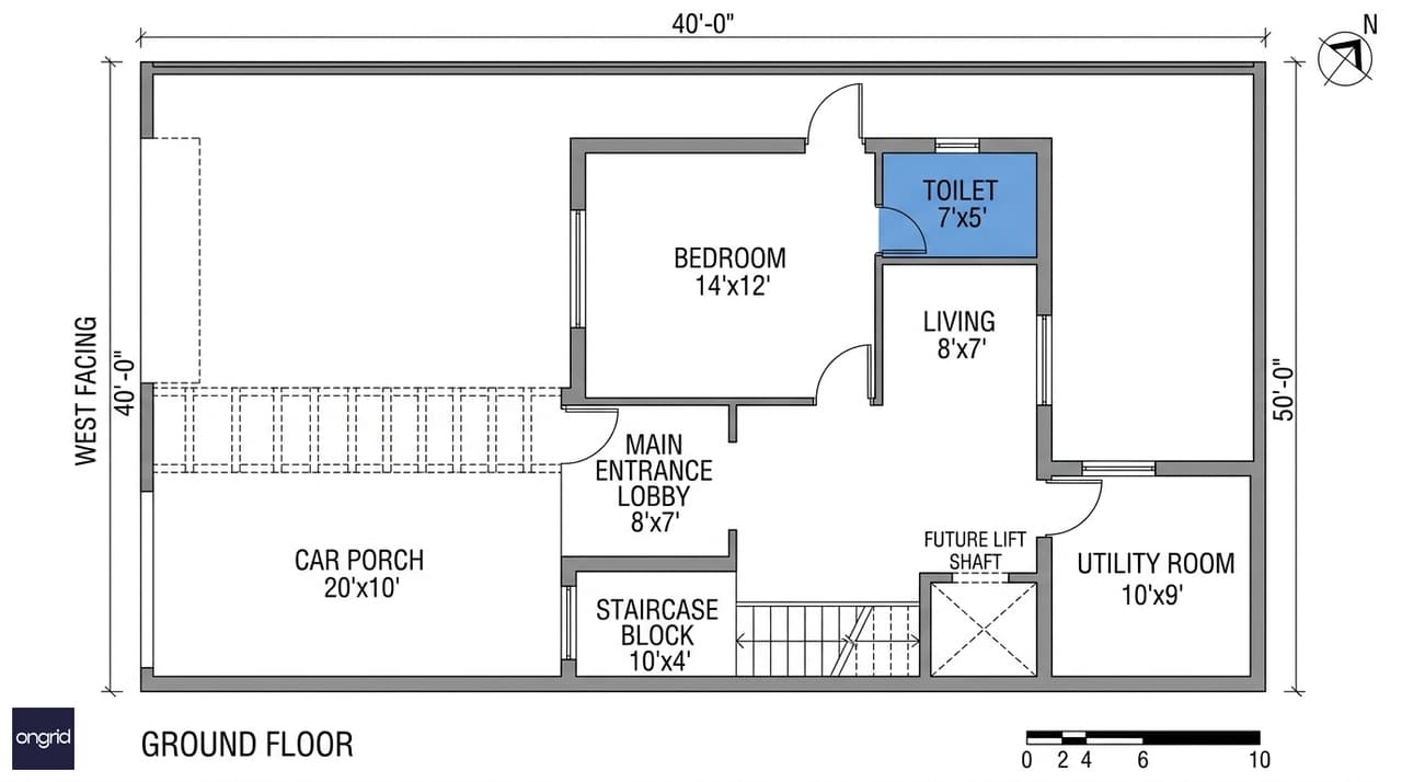 Ground floor plan of a 40x50 west facing G+2 house showing garage, rental unit, utility and staircase