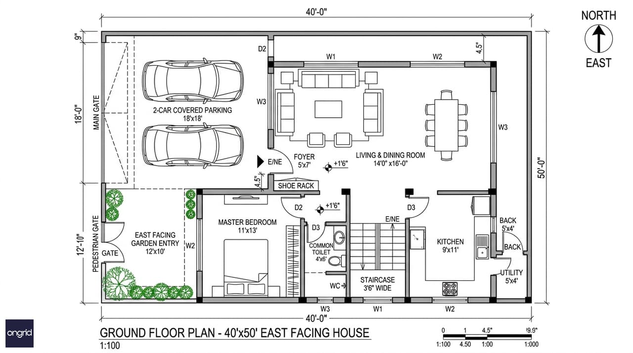 Ground floor plan for 40x50 east facing home showing dual parking bay, east garden entry, living room, southeast kitchen, and southwest parents' bedroom
