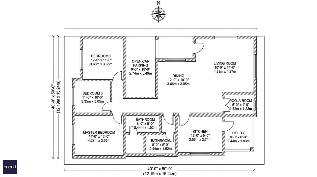 Ground floor architectural plan for a 40x50 north facing single-story home showing all rooms, dimensions, and Vastu zone positions