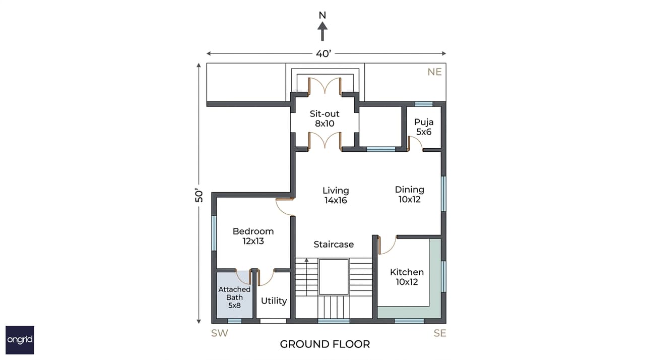 Ground floor plan for 40x50 north facing 2-floor G+1 home