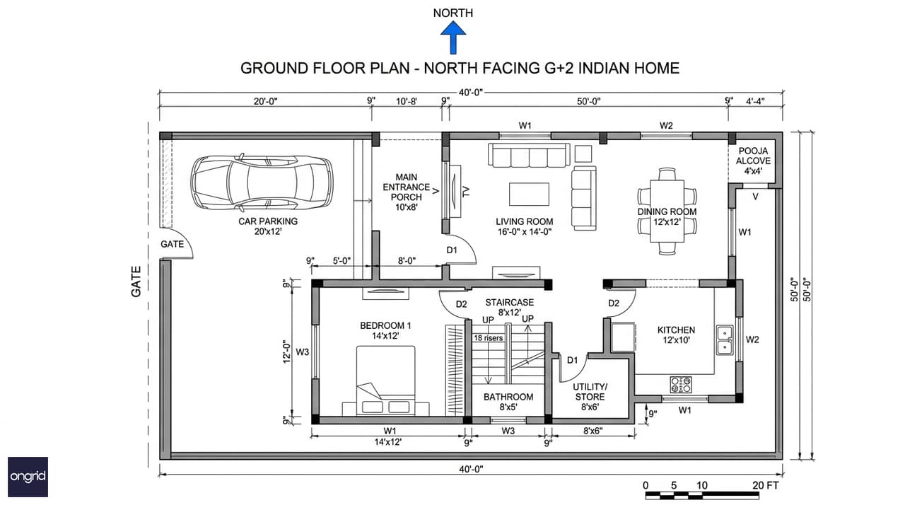 Ground floor architectural plan for 40x50 north facing G+2 house with labelled rooms and Vastu zones