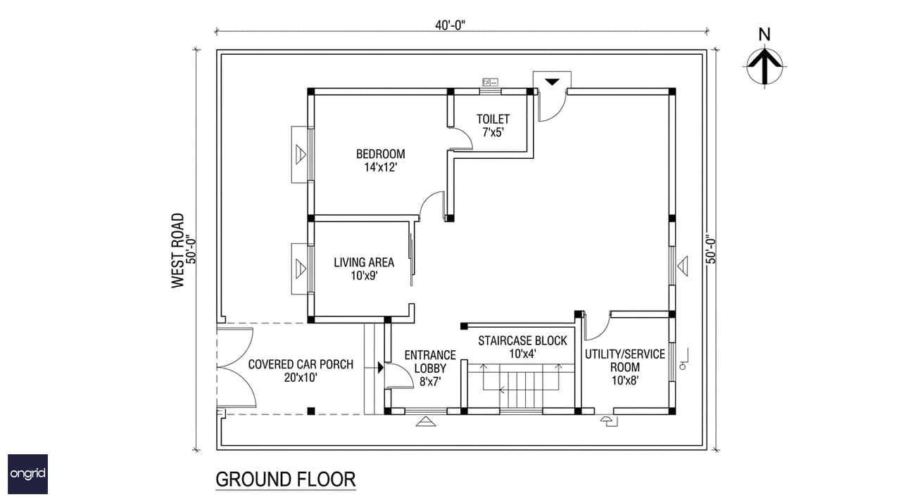 Ground floor plan of 40x50 west facing G+3 house showing two-car covered porch on western frontage, independent 1BHK rental unit with separate north-side entry, utility room, and staircase core