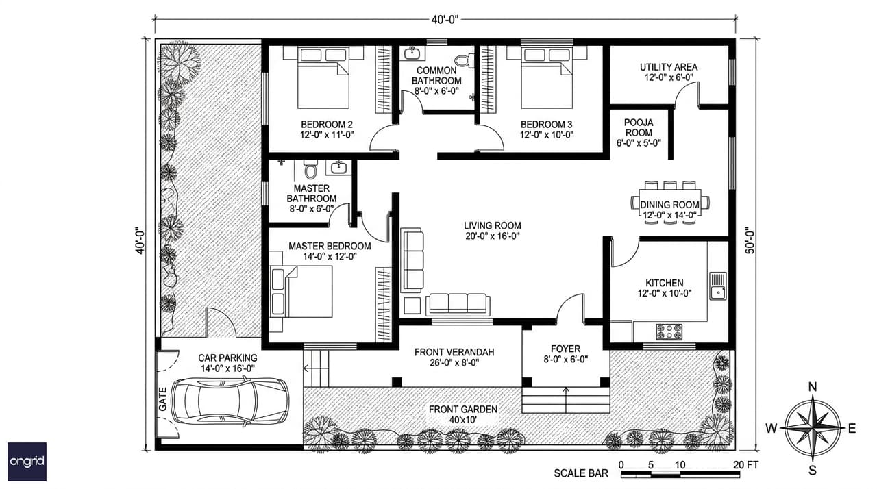 Ground floor plan for a 40x50 south-facing single-floor 3BHK home showing room placements, car parking, front garden, and south-east entry
