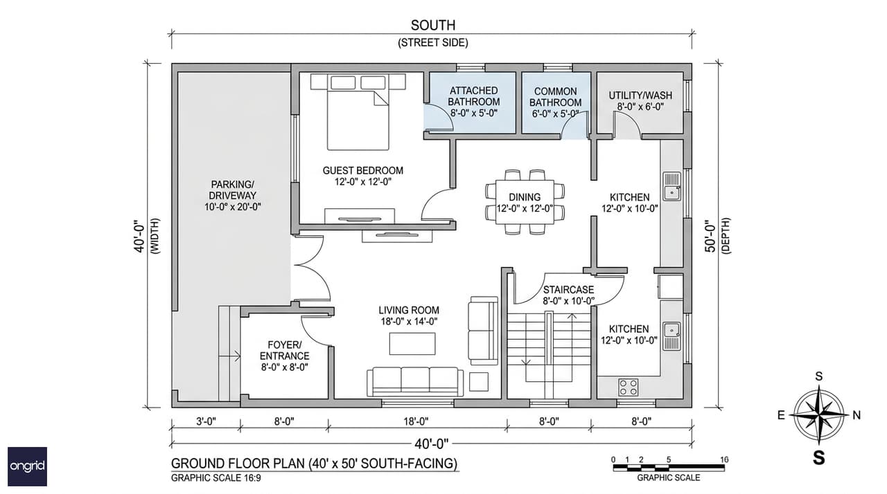 40x50 south-facing ground floor plan showing parking, living room, kitchen, and guest bedroom zones