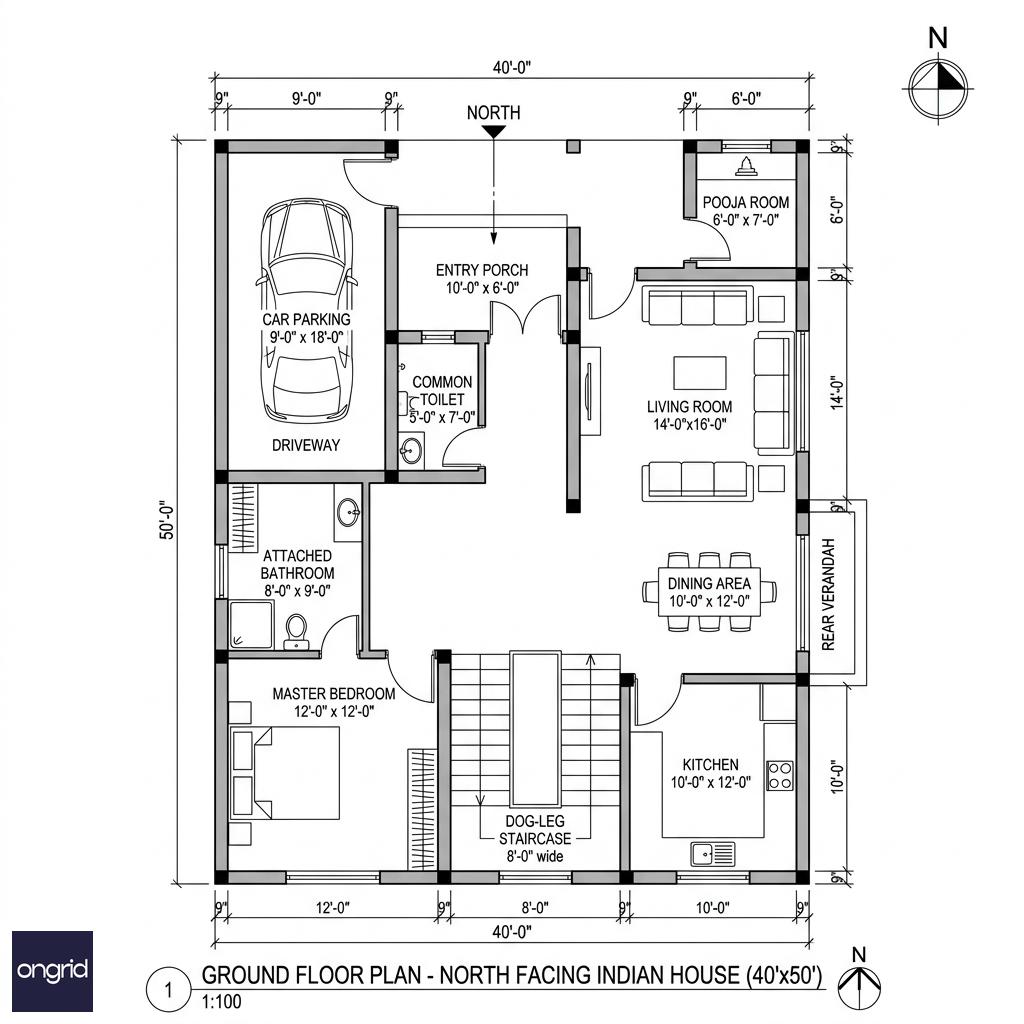 40x50 north-facing ground floor plan with car parking, north entry porch, pooja NE corner, SE kitchen, south-facing living room and bedroom