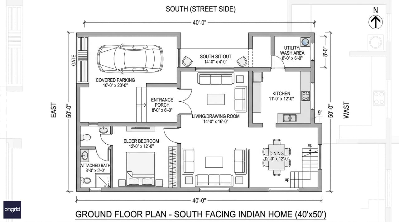 Ground floor plan of a 40x50 south facing home showing covered parking, living-dining, SE kitchen, and one bedroom suite