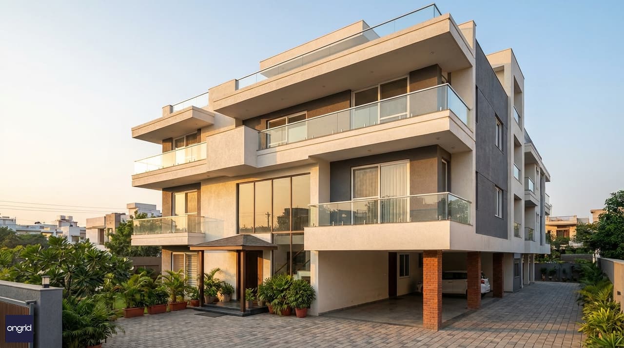 Modern south-facing G+3 home on a 40x50 plot with layered balconies, large glazed facade, and landscaped driveway