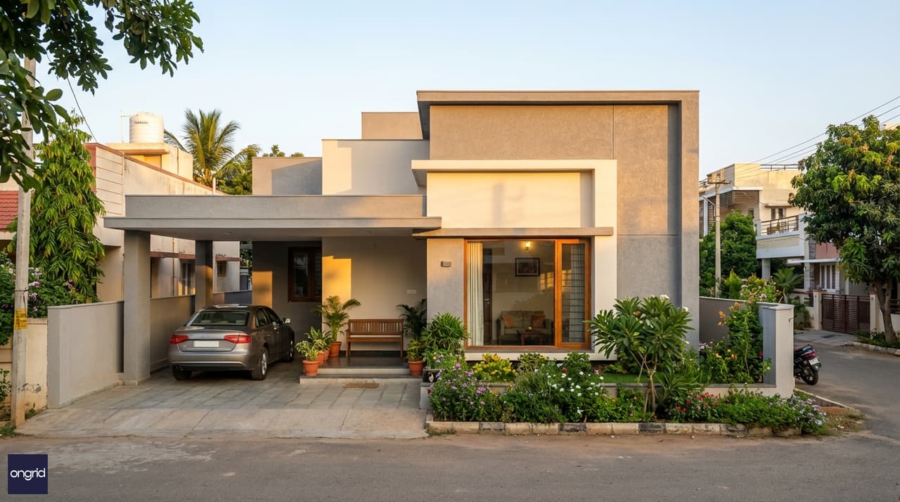 Modern east-facing single-floor home on a 30x50 plot with clean flat-roof elevation, car porch, and wide east-facing frontage bathed in morning light
