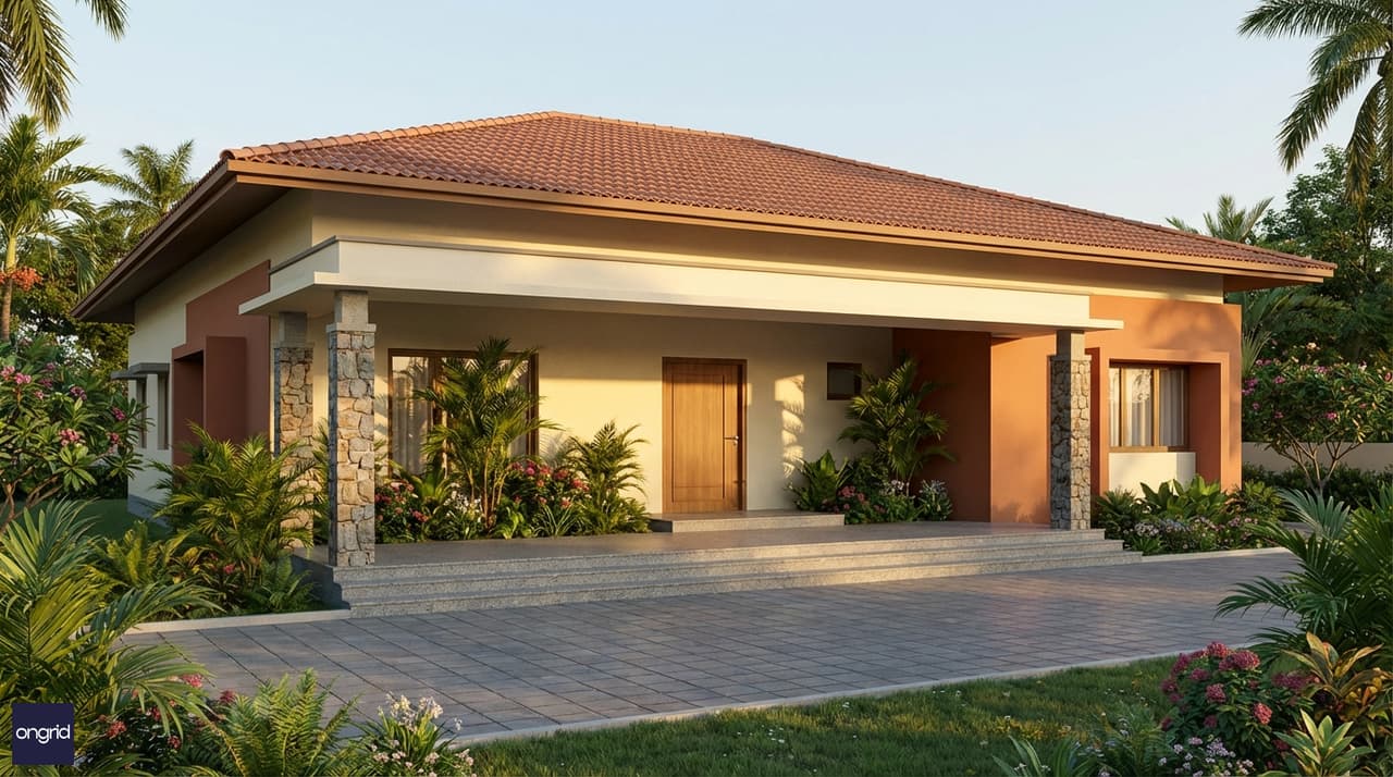 West-facing single floor bungalow with wide covered veranda in golden evening light