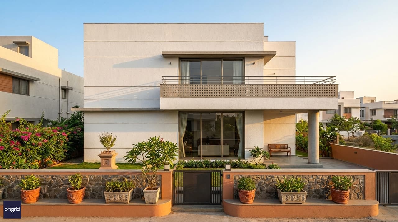 Modern east-facing G+1 home on a 40x60 plot with a generously designed compound garden, recessed sit-out under a column portico, first-floor east balcony, and contemporary facade with textured compound wall in warm morning light