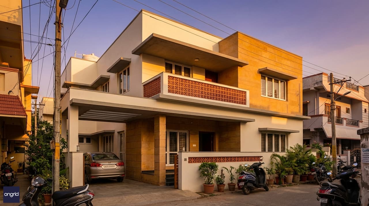 3D elevation of a modern west-facing G+1 home on a 40x60 plot with warm evening light on the facade