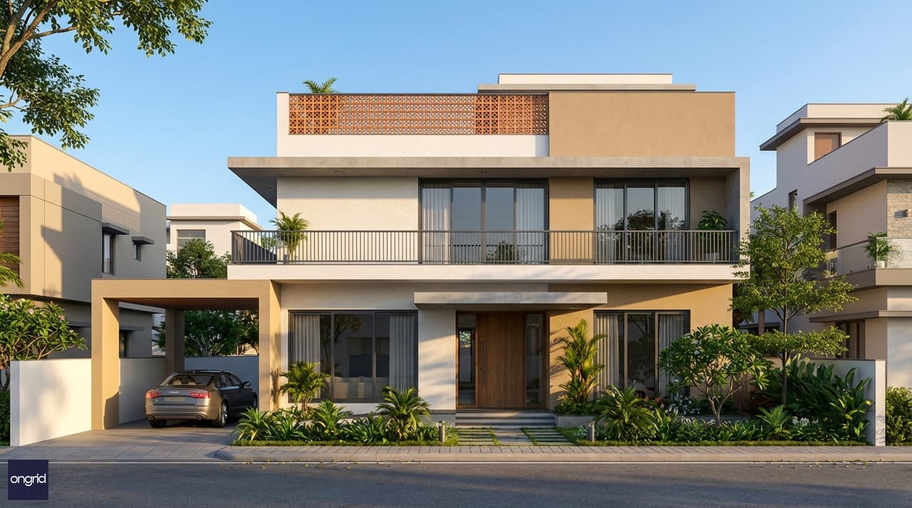 Modern east-facing G+2 home on a 40x60 plot — clean facade, wide entrance porch, and morning sunlight on the front elevation