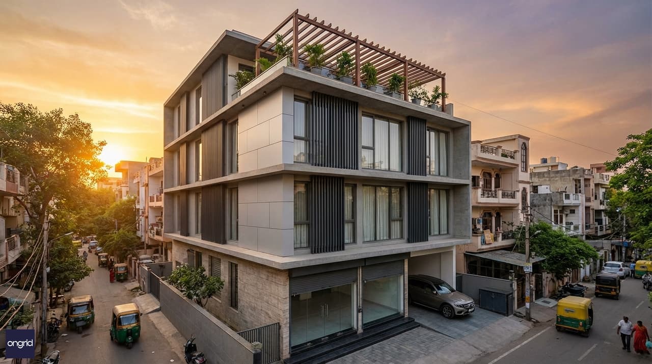 A contemporary G+3 west-facing home on a 40x60 plot with the evening facade catching golden light