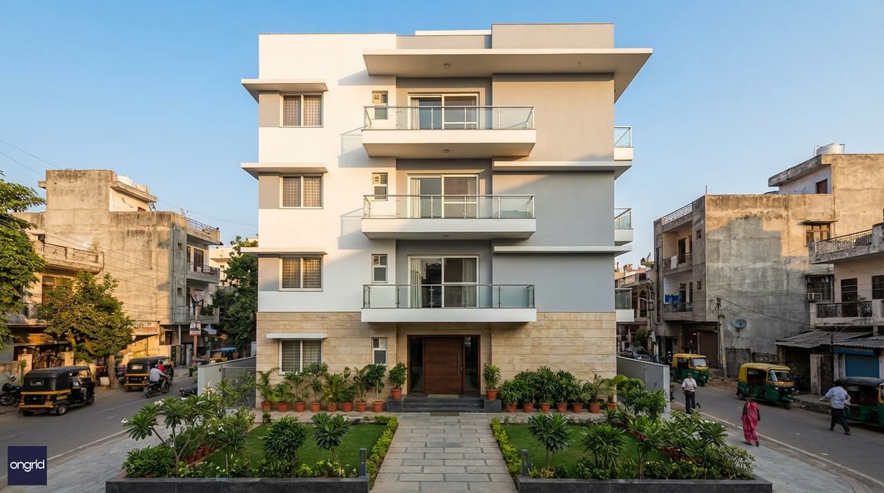 Hero view of a 40x60 north facing 4-floor modern Indian home — white and grey facade, staggered balconies, textured cladding base, and a landscaped north-facing entrance