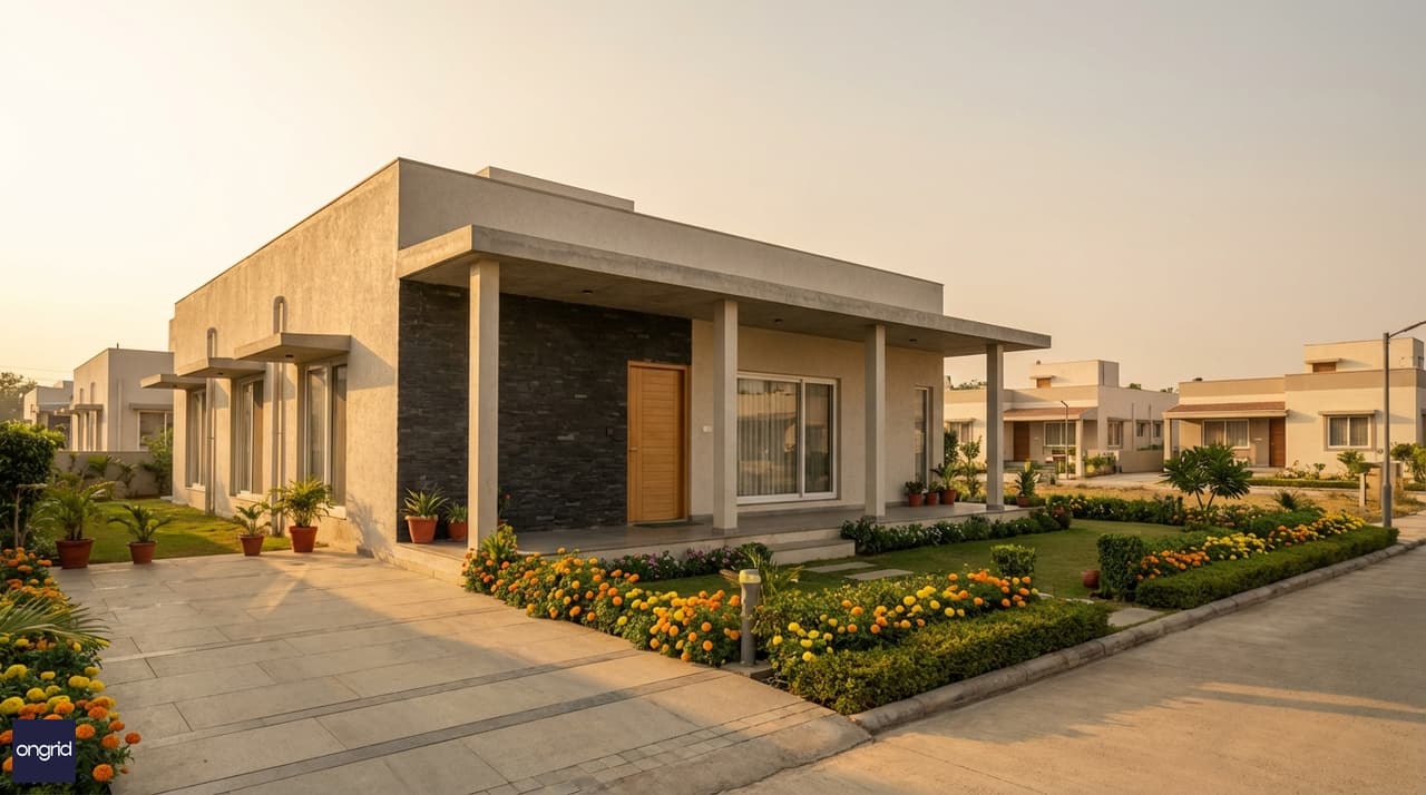 Modern south-facing single-floor bungalow on a 40x60 plot with wide verandah, flat roof, and warm winter sunlight illuminating the front facade