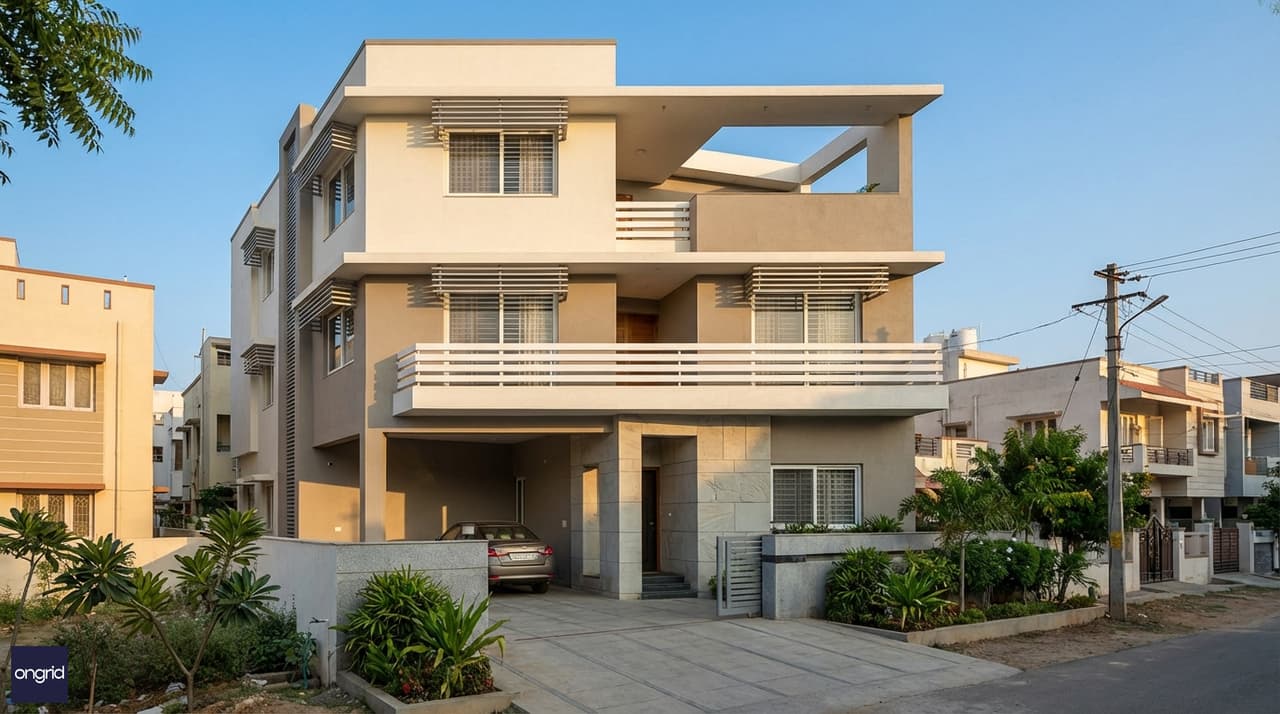 A bold contemporary 40x60 south facing 3-floor home with horizontal sunshade fins, a double-height entrance porch, and landscaped street frontage