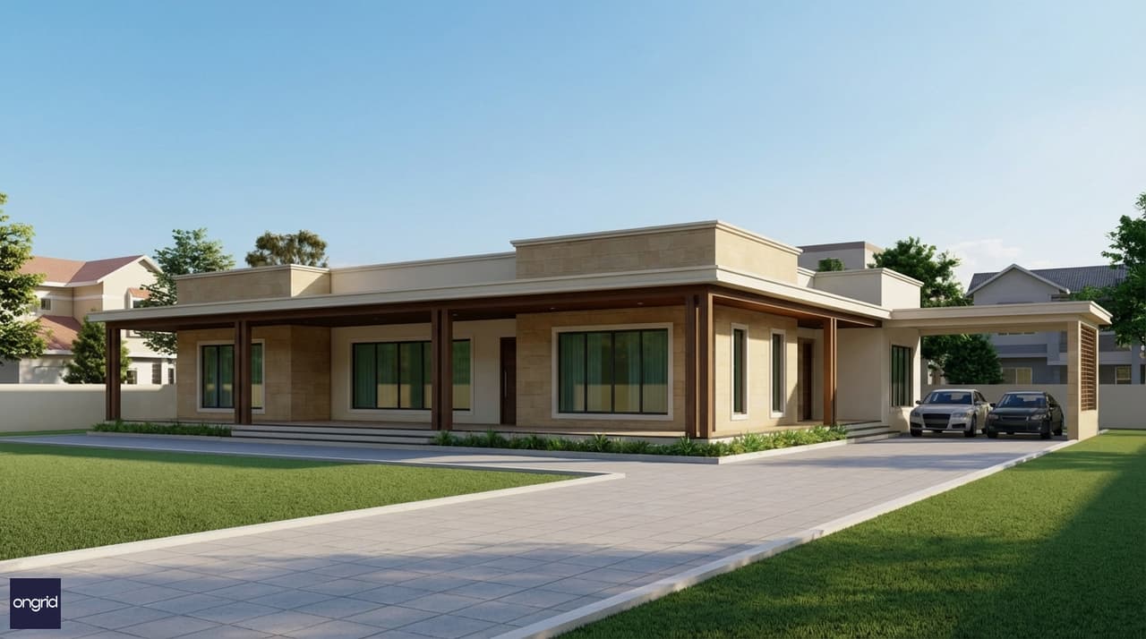 Grand north-facing single-story bungalow with wide front elevation and covered porch on a 60x60 plot