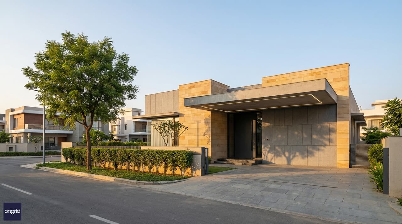Grand south-facing 60x60 single-floor bungalow with contemporary flat-roof elevation, 4-ft projecting canopy, and landscaped front setback