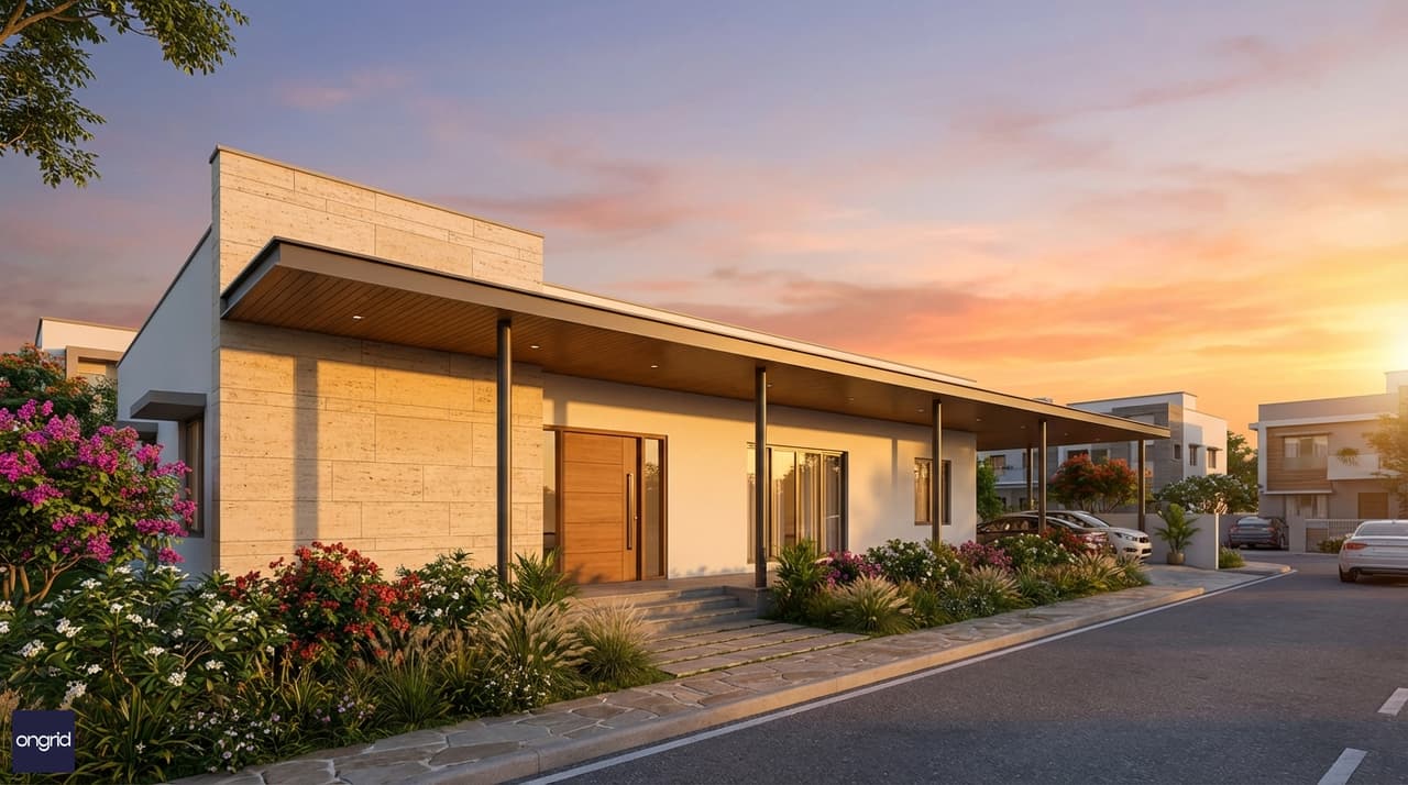 Modern 60x60 west-facing single-floor bungalow with a covered sit-out and landscaped front garden in golden hour light