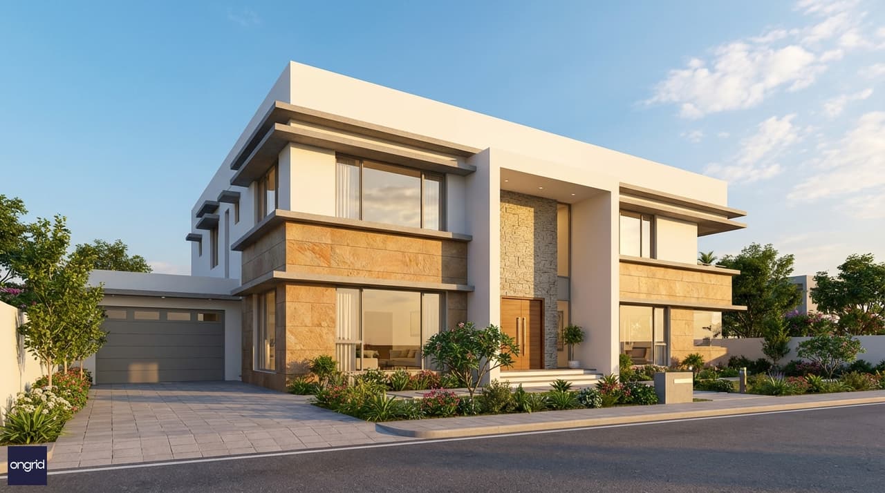 A modern east-facing 3D elevation of a 60x60 G+1 house with wide glass windows, white and stone-textured facade, double-height entrance porch, and a manicured front garden