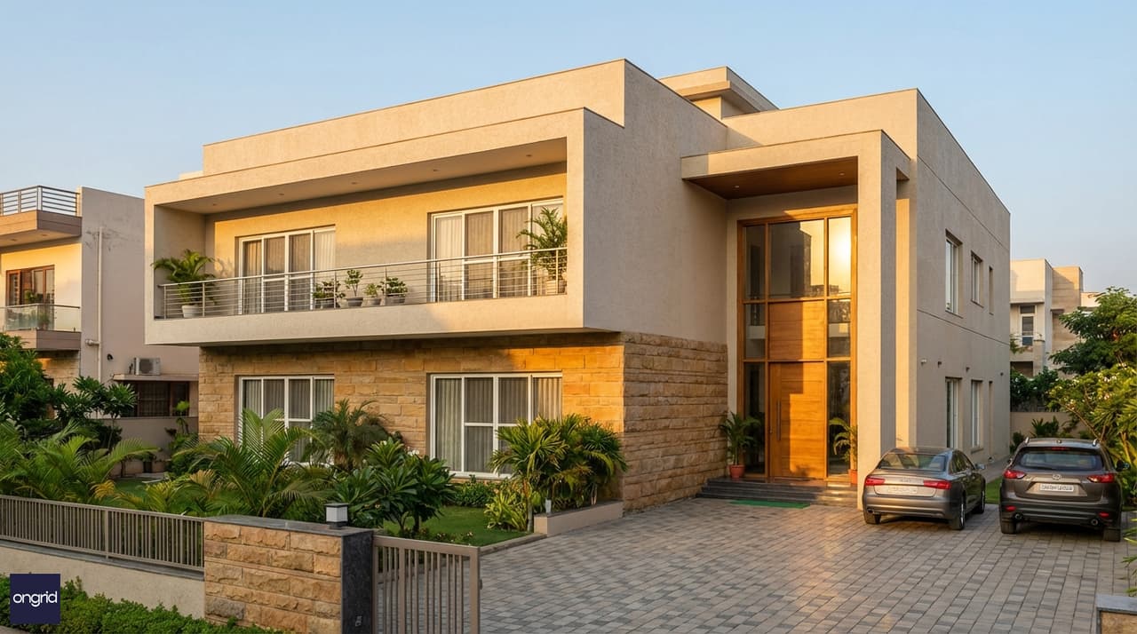 Modern north-facing 60x60 G+1 home with clean contemporary facade and landscaped front setback