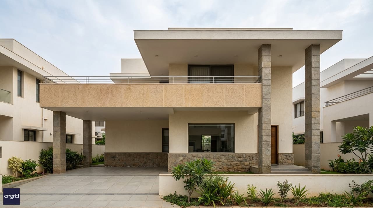 Photorealistic 3D rendering of a modern 60x60 south facing G+1 home with double-height entry porch, full-width first floor balcony, large south glazing panels, and layered stone-texture facade