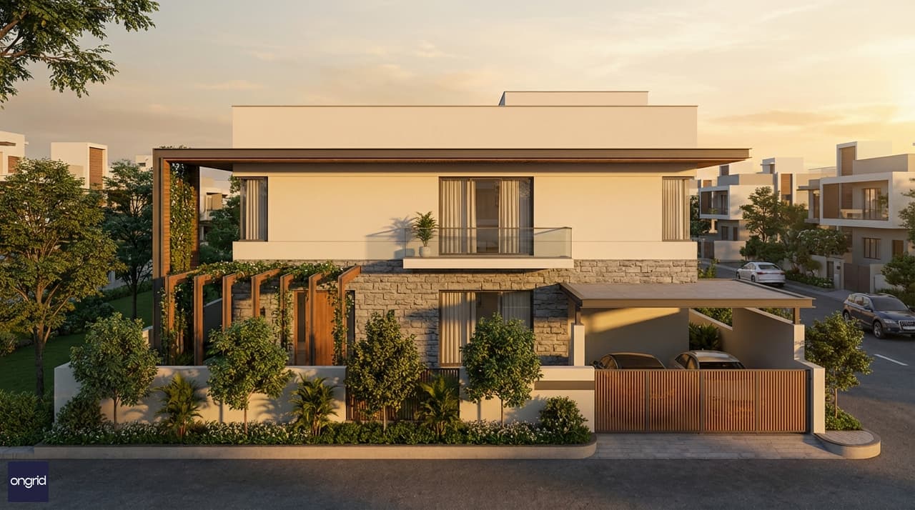 A contemporary two-storey west-facing home on a 60x60 plot bathed in warm golden evening light, with a grand 60-foot wide street facade, deep entrance canopy, and landscaped frontage