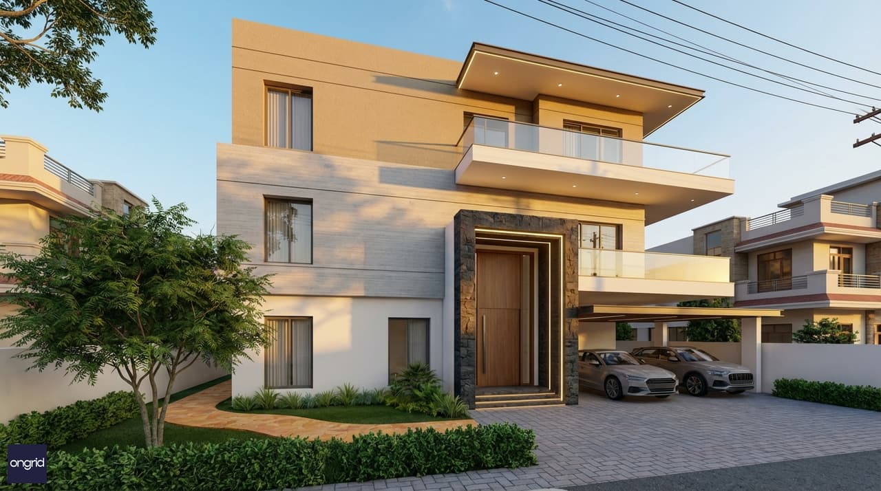 Contemporary east-facing G+2 home on a 60x60 plot with three distinct floors, cantilevered balconies, and golden morning light on the wide facade