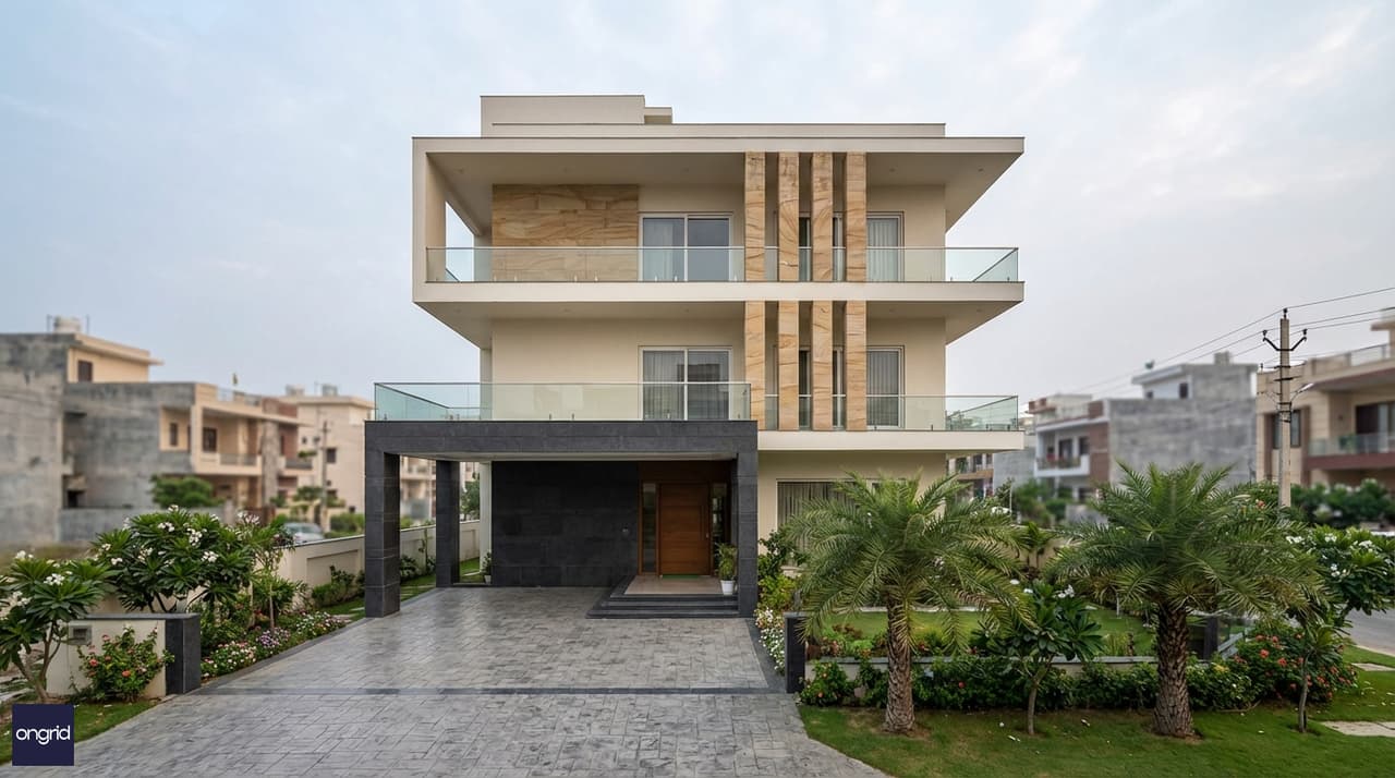 3D elevation of a 60x60 north facing G+2 home with modern facade and landscaped entrance