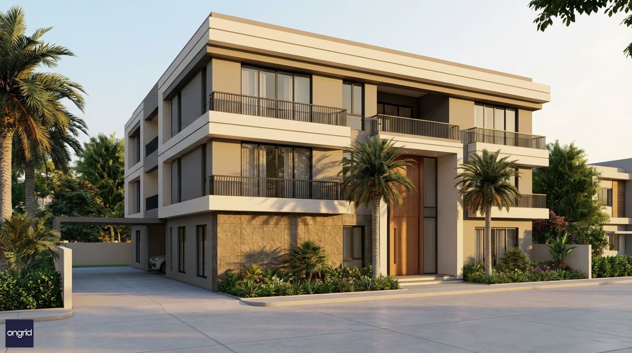 Grand west-facing 3-floor elevation on a 60x60 plot