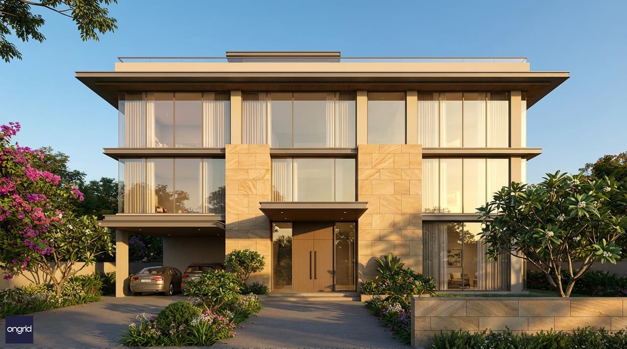 A modern four-storey south-facing 60x60 home with wide facade, stone cladding accents, large glazed windows, and a landscaped front driveway under clear blue sky