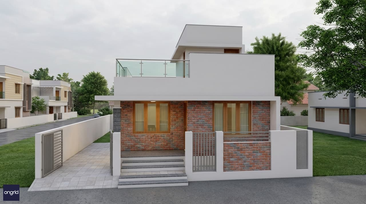 3D architectural render of 20x40 North-facing 1-floor house with modern Indian elevation